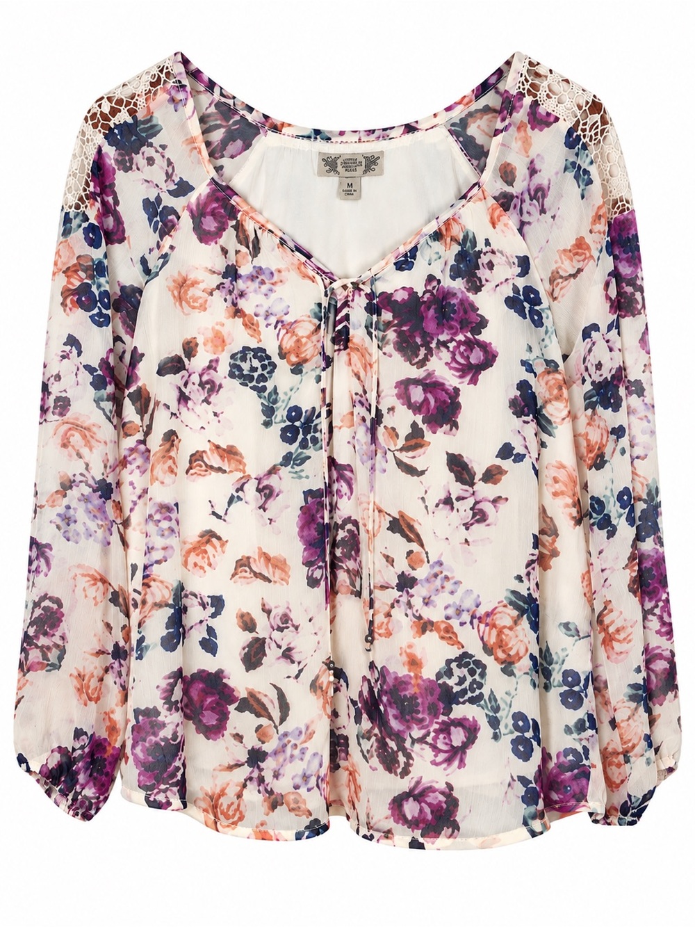 Vintage America Blues Women’s Medium Floral Sheer Sleeve Lined Blouse Top